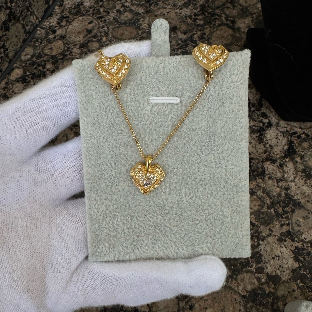 Nina Ricci Gold Tone Heart Necklace and Earrings Set Jewelry Set Gift for Her